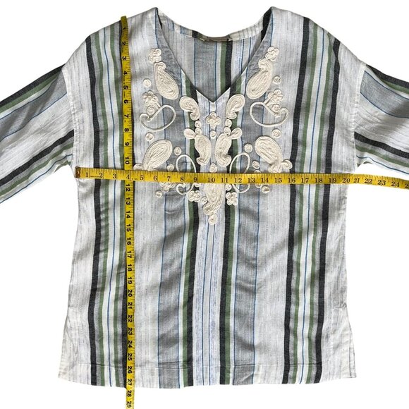 Soft Surroundings Blue Green Striped Embroidered Tunic Top Cotton Blend Medium - Picture 10 of 10